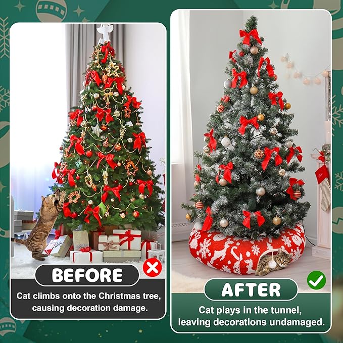 Christmas Cat Tunnel Bed in 3FT x 3FT x 10IN-Cute Cat Tube Christmas Tree Skirt with Ball,Foldable Round Pet Toy with Washable Mat for Keeping Indoor Cats Off Xmas Tree, Red