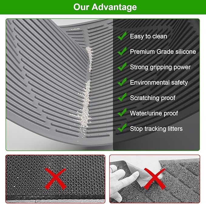 Gosmol Cat Mat for Litter Box, L 24''x15 ''Waterproof & Urine-Proof Silicone kitty litter Mat, Easy Clean Non-Slip Rubber Pet Mats for All kind of Litter Boxes & Floors - Grey