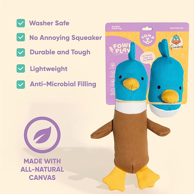 Yomp Plush Duck Dog Toy – Durable Stuffed, No Squeaker Dog Toys with Natural Canvas and Crinkle Paper – Interactive Stuffed Animal for Dogs (2-Pc Quacker Set)