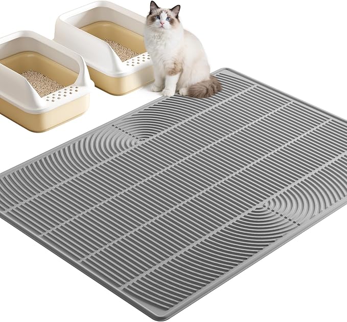 TRZZ XXL Extra Large Cat Litter Mat, Silicone Litter Box Mat for Floor, Waterproof & Non-Slip, Easy to Clean, Cat Litter Trapping Mat & Kitty Litter Catcher for Scatter Control (Gray)