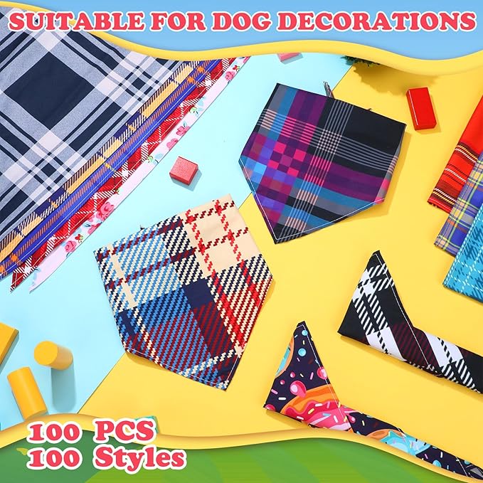 100 Pcs Dog Bandanas Bulk Pet Bibs Colorful Triangle Scarf Pet Bandanas for Medium Large Dogs Spring Summer Birthday Costume Decoration (Plaid)