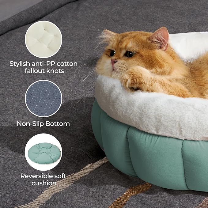 BALANCE Cat Beds for Indoor Cats, Washable Round Cat Bed, Cute Kitten Bed with Anti-Slip Bottom for Kitty and Puppy, 23 Inches, Granite Green
