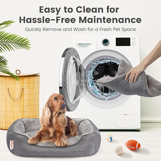 Miguel Faux Linen Dog Bed with Removable Cushion Pillow for Medium Small Dogs, Washable Pet Bed with Side Easy to Wash Puppy Bed, Rectangle Cat Bed for Indoor Cat with Anti-Slip Bottom, Gray 20 Inch