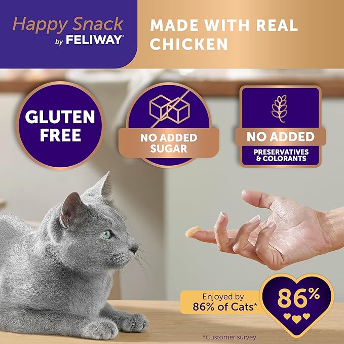 Feliway Happy Snack, Delicious, Lickable, Squeezable Purée Cat Treats for a Daily Calming Routine, Made with Real Chicken, 12 Pack (0.5oz Tubes)