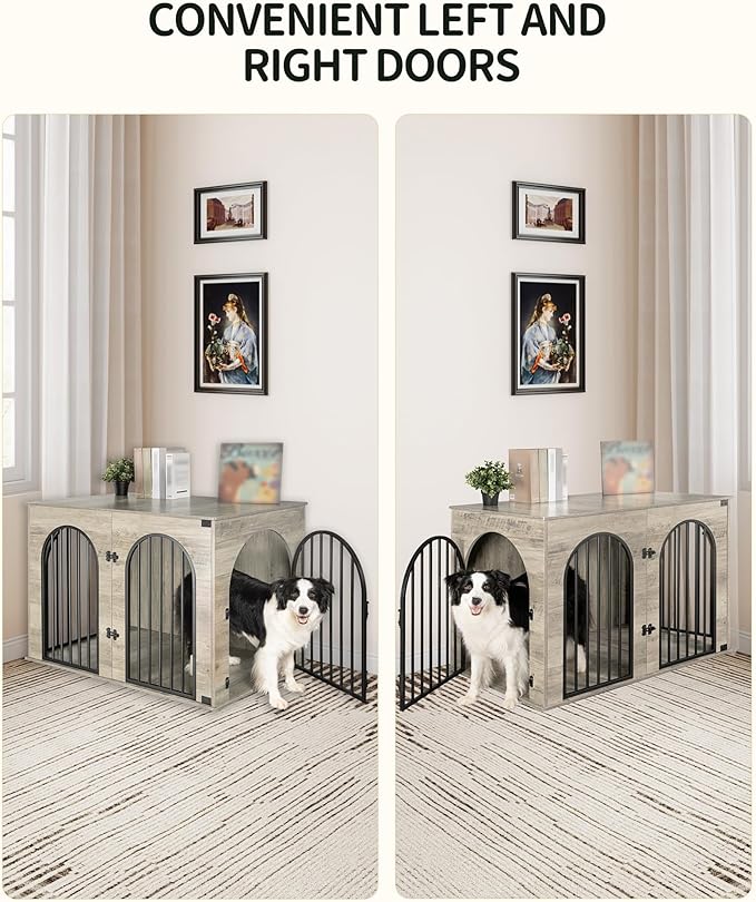 44.1" Wooden Dog Crate Furniture, Indoor Dog Kennel Dogs Cage for Small/Medium/Large Dogs, Heavy Duty Dog Crates Decorative Pet House End Side Table TV Stand, Greige Black DFC83905B