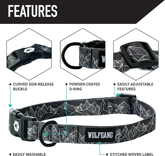 Wolfgang Heavy Duty Martingale Dog Collar with Quick Release Nylon Buckle for Walking & Training, WolfMountain Print, Medium