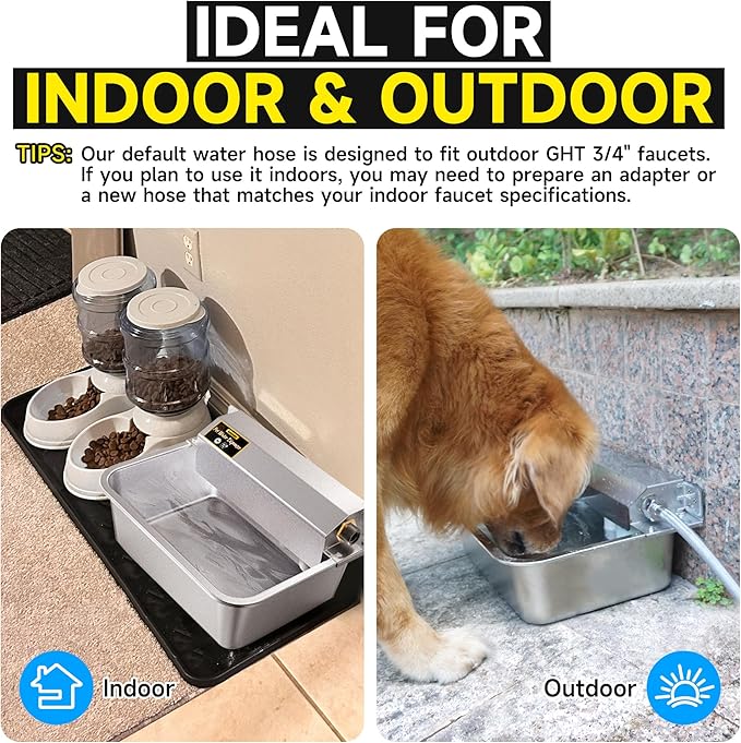 Automatic Dog Water Dispenser, 2 Gallons 304 Stainless Steel Large Dog Water Bowl Dispenser for Indoor/Outdoor, Pet & Livestock Water Feeder, Auto Fill, Fits GHT 3/4" Faucet, Easy to Clean