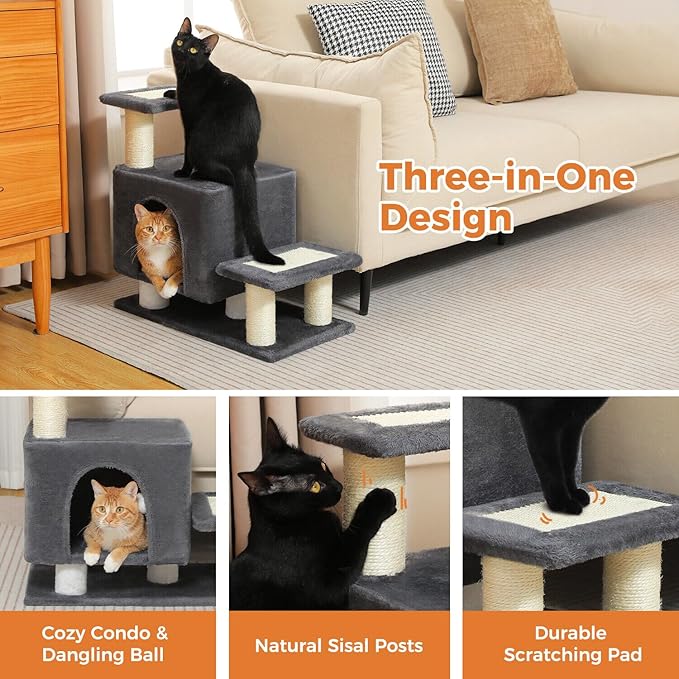 3-in-1 Dog Stairs & Cat Scratching Post with Condo, Pet Steps for High Bed, Sofa, Couch, Tall Cat Tower, High-Strength Board for Indoor Small Cats Kittens Dogs Climbing Playing, 3 Steps-Dark Grey