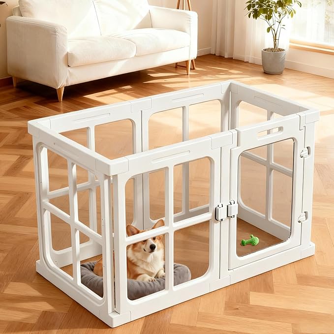 Acrylic Dog Playpen Indoor, 24" H Plastic Pet Playpen with Door, Clear Pet Play Pen for Puppy Cat Rabbit Ferret, Easy Assemble Dog Pen, Preferable for Small Cage, White 6 PCS