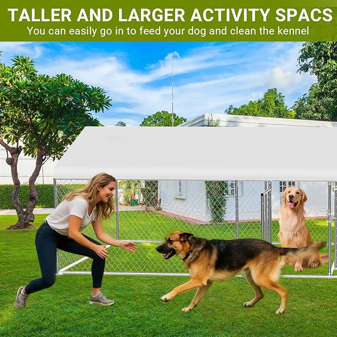 Rovibek 7.5 ×19.7 FT Outdoor Dog Kennel with Roof, Two Rooms Dog Kennel Outside with Waterproof Sunproof Cover, Galvanized Heavy Duty Dog Kennel and Enclosure for Outside with Secure Lock