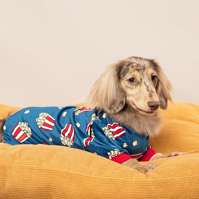 Fitwarm Popcorn Dog Pajamas, Funny Dog Clothes for Small Dogs Boy Girl, Fleece Pet Onesie with Feet, Blue, Red, White, Yellow, XS