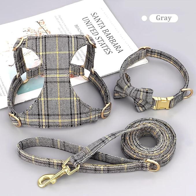 Beirui Cute Small Dog Harness Collar and Leash Set with Bowtie, Soft Adjustable Plaid Puppy Harness for Small Sized Dogs Cats Walks Parties and Photoshoots(Gray,S:Chest 17-23")