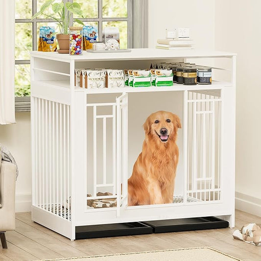 43.3" Dog Crate Furniture for Large Breeds, Wooden Dog Kennel with Divider & Double Doors, Large Drawer Storage, Heavy Duty Indoor Dog Cage, Decorative Pet House for Living Room & Bedroom, White