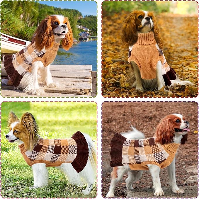 Dog Sweater Dress Plaid Knitwear for Small Medium Dogs Warm Puppy Pet Turtleneck Stretch Pullover Cute Fall Winter Vest Clothes with Leash Hole for Christmas (Coffee, XS)