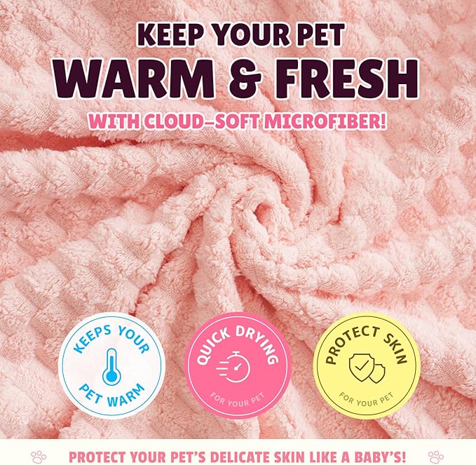 Microfiber Dog Towel Set for Drying Dogs – Absorbent, Quick-Dry, and Soft Towels for Bathing and Grooming Dogs and Cats, Including 2 Different Sized – Cloud Pet Towels (Pink)