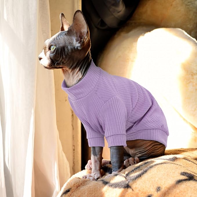PUMYPOREITY Cat Clothes: Stretchy Cat Shirt & Sweater with Sleeves for Sphynx, Devon Rex & More - Purple, XS