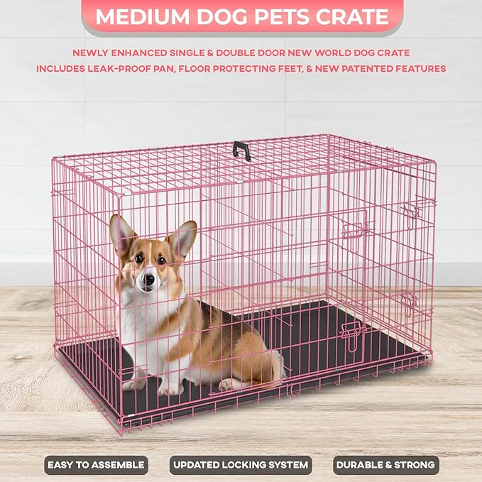 FDW Dog Crate Dog Kennel Cage with Double Door,36 inch Folding Metal Wire Dog Cage with Removable Tray&Divider Panel,Pet Crate for Medium Dogs,Pink