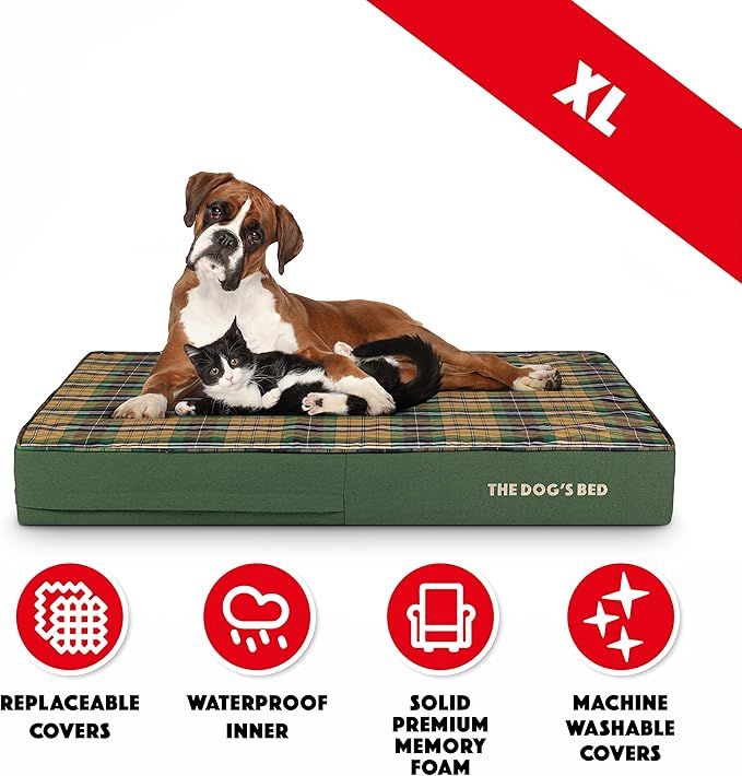 The Dog’s Bed Orthopedic Memory Foam Dog Bed, XL Green Tartan, Pain Relief for Arthritis, Hip & Elbow Dysplasia, Post Surgery, Lameness, Supportive, Calming, Waterproof Washable Cover