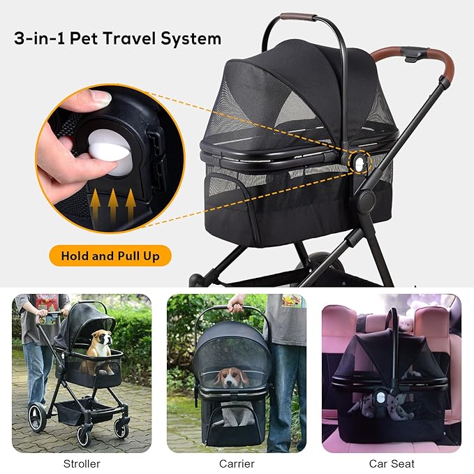 Foldable Dog Stroller, 3 in 1 Pet Stroller for Small Medium Dog Cat up to 50lbs, Detachble Portable Pet Bag, Storage Basket and One-Button Folding Frame