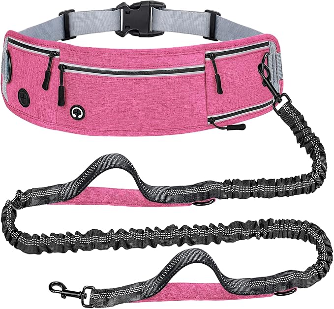 Waist Dog Hands Free Dogs Leash, Waist Running Leash with Zipper, Walking Pouch for Dog Walking, Reflective Dual Padded Handles Bungee Retractable Running for Medium to Large Dogs (Pink)