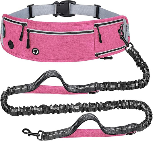 Waist Dog Hands Free Dogs Leash, Waist Running Leash with Zipper, Walking Pouch for Dog Walking, Reflective Dual Padded Handles Bungee Retractable Running for Medium to Large Dogs (Pink)