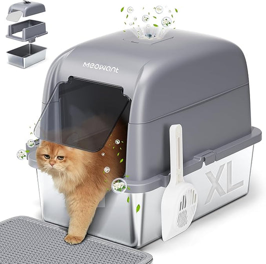 Meowant Stainless Steel Cat Litter Box, Extra Large 3-in-1 Enclosed Open Top Metal Litter Box with Lid, Odorless Cat Litter Pan with High Sides for Big Cats, Non-Sticky, Anti-Leakage, Easy Cleaning