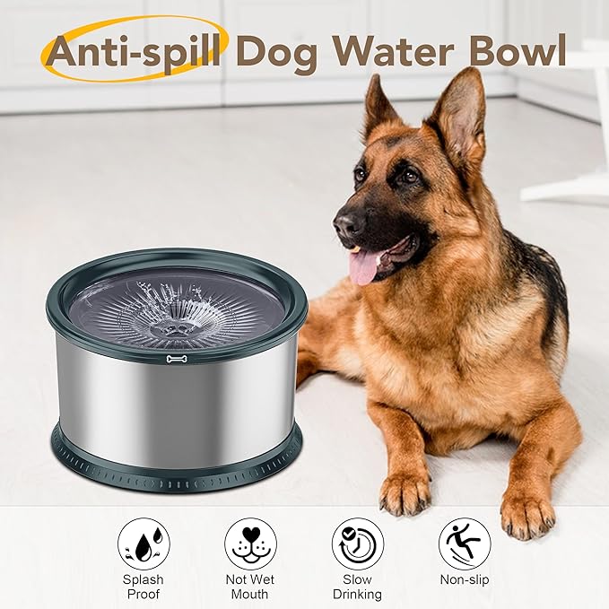 4.5L/1.2Gal Dog Water Bowl, No Spill Stainless Steel Slow Water Bowl for Medium Large Dogs, Large Capacity Splash Proof Slow Drinking Water Bowls with Anti-Slip Mat for Mess Drinkers, Green