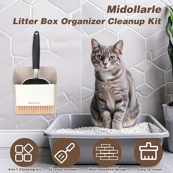 4 in 1 Wall-Mounted Litter Box Organizer Cleanup Kit, Metal Cat Litter Scoop with Holder Mini Broom, Litter Scooper with Dustpan Cat Caddy, Aluminum Poop Sifting Kitty Shovel Capture Clump