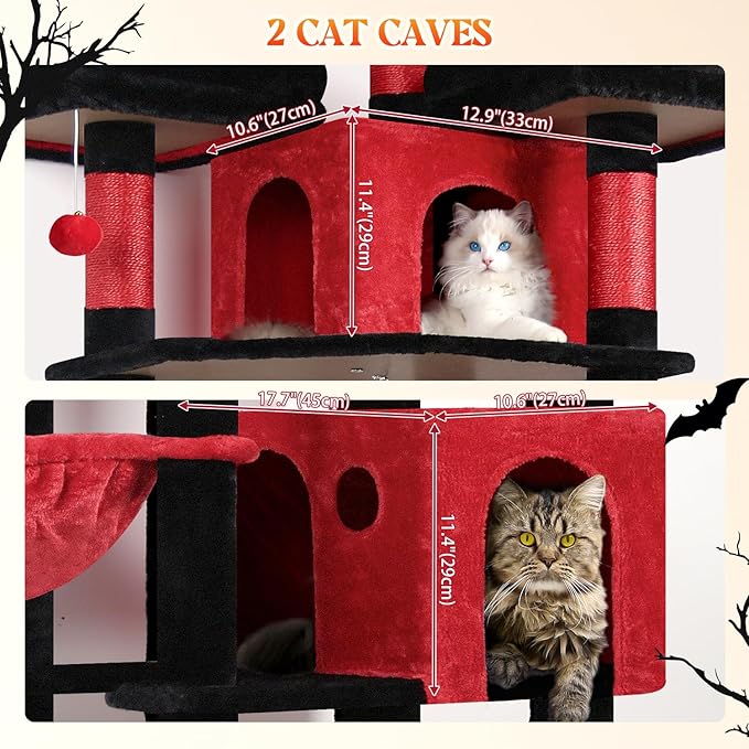 Globlazer Gothic Cat Trees and Towers for Multiple Adult Cats, 82-inch XXL Tall Goth Cat Tree Tower for Indoor Cats with Scratching Post, 3 Perches, 2 Condos, 2 Hanging Baskets, F82, Black Red