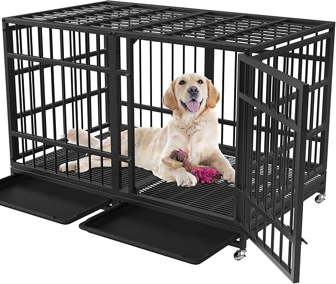 48 Inch Heavy Duty Dog Crate for Large Dogs Indestructible Dog Cage XL High Anxiety Kennel with Wheels Impact Escape-Proof Dogs Crate Indoor with Locks and 2 Removable Trays