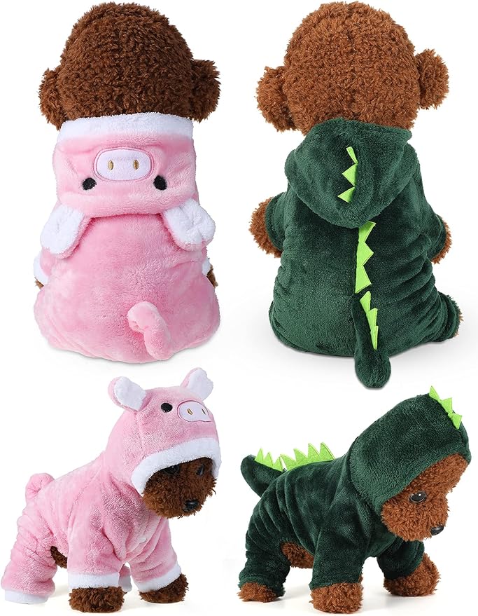 Queekay 2 Pieces Cute Dog Costume Halloween Cat Clothes Pink Pig PET Costume Design Dinosaur Clothing Puppy Outfits PET Hoodie Warm Dress up Clothes for Puppies and Kitten(Small)