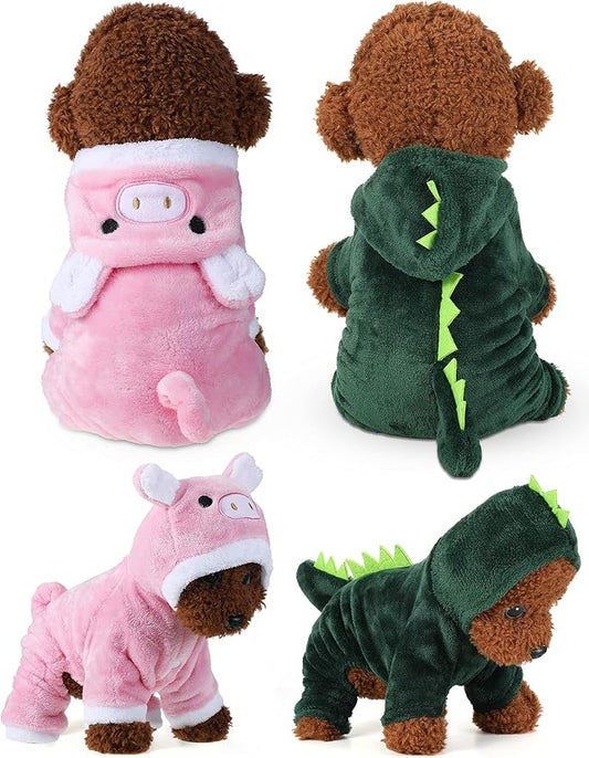 Queekay 2 Pieces Cute Dog Costume Halloween Cat Clothes Pink Pig PET Costume Design Dinosaur Clothing Puppy Outfits PET Hoodie Warm Dress up Clothes for Puppies and Kitten(Small)