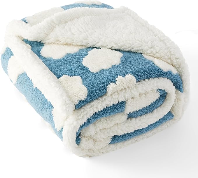 Lesure Waterproof Dog Blanket for Large Dogs - Washable Double Sided Dog Blankets with Warm Jacquard Shag and Soft Sherpa Fleece, Pet Cat Blanket for Bed Couch Protection, 3D Textured Cloud, Blue