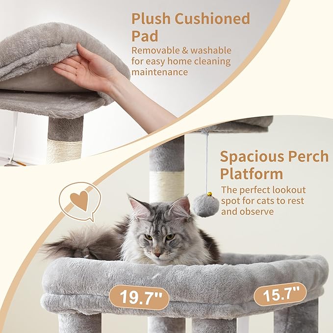 Heybly Cat Tree, 71-Inch Tall Cat Tower for Large Maine Coon Cats with Extra-Large Baseboard, Cat Condo Furniture with Multi-Level Platforms, 2 Hammocks and 12 Scratching Posts, Light Gray HCT037W