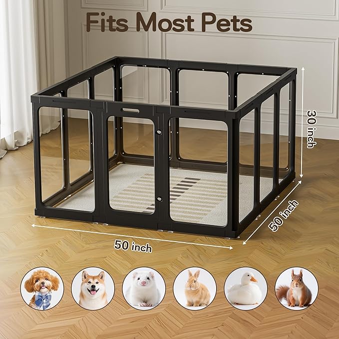 Jalove 12PCS Dog Playpen Clear Puppy Playpen Indoor, 30" H Easy Assemble Transparent Small Pet Play Pen, Sturdy Plastic Dog Fence Crate Kennel Whelping Cage Enclosure for Small to Medium Dog, Black