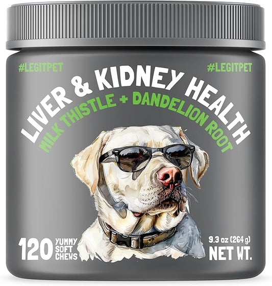 Liver & Kidney Support for Dogs Detox Natural Supplement with Milk Thistle Dandelion Root Turmeric Curcumin Hepatic Support Treats for Canine Liver Function, Immunity & Digestion 120 Soft Chews