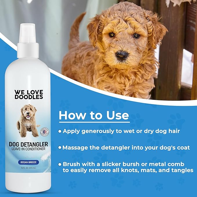 We Love Doodles Dog Detangler Spray - Leave-in Conditioner for Dogs - Dog Detangling Spray - Dematting Spray for Dogs - Tangle Remover - Made in The USA - Large 16 fl oz (Ocean Breeze)