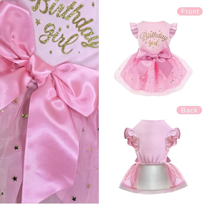 Dog Birthday Dress Tulle with Big Bowknot Princess Dog Birthday Outfit Girls Doggie Dresses Clothes Small Pink S