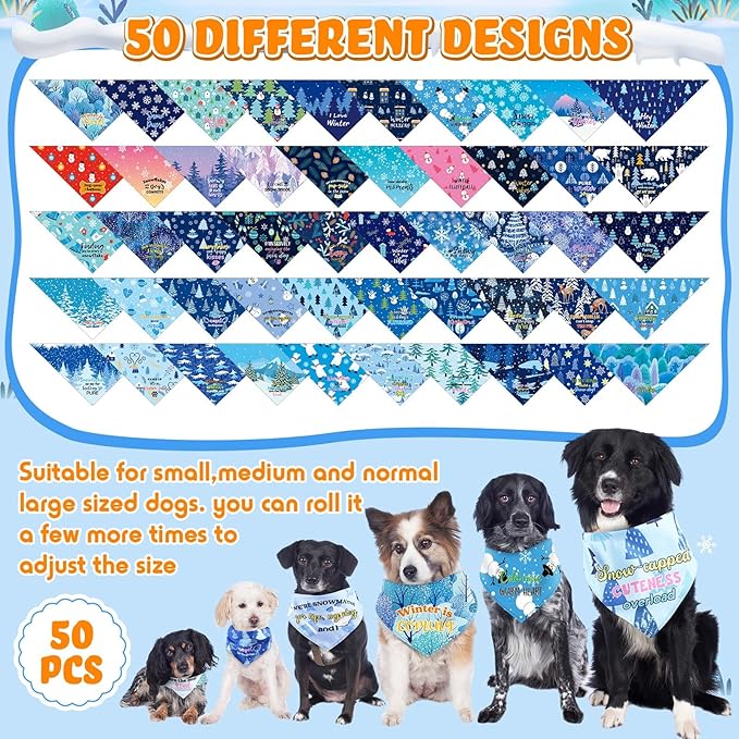 Abbylike 50 Pcs Winter Dog Bandanas Bulk Pet Scarfs Triangle Bibs Adjustable Washable Puppy Kerchief Seasonal Pet Costume Accessories Grooming Supplies for Small Medium Large Dogs Cats