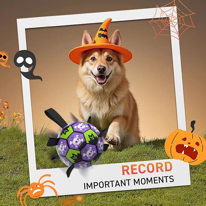 QDAN Halloween Dog Toys Balls, Soccer Ball with Straps for Dog Birthday Gift, Puppy Toy for Small Medium Breed (8 Inch)