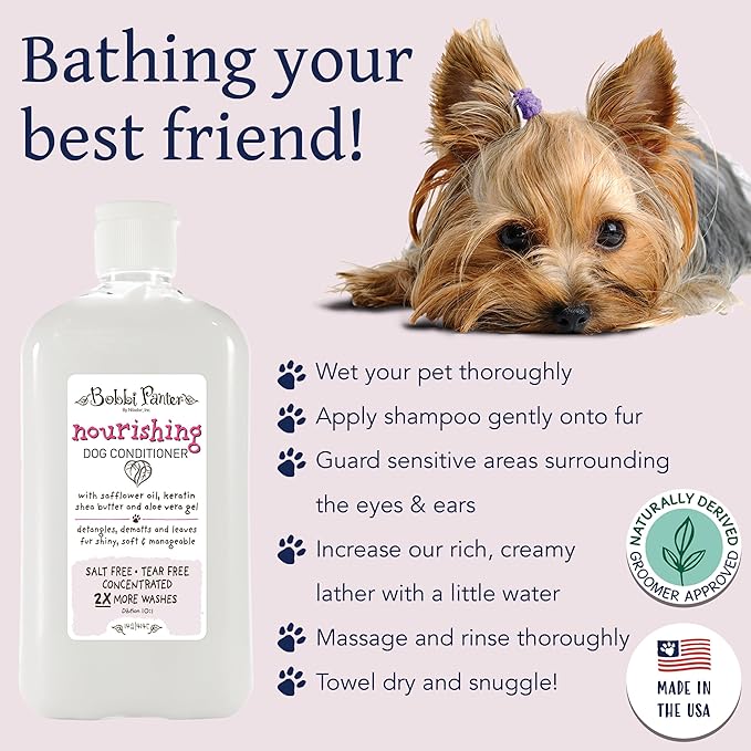 Bobbi Panter Nourishing Dog Conditioner - Detangles & De-Matts with Natural Safflower Oil, Keratin, Shea Butter, Aloe Vera for Fur, Sea Air Scent, 10:1 Concentrate, Made in The USA, 14 oz.