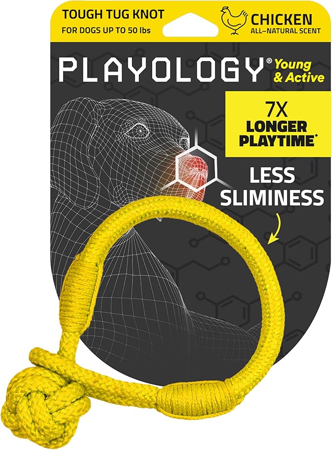 Playology Dog Toys | Puppy Toy Tough Tug Knot for Tug of War Designed for Young & Active Dogs | Medium Chicken Scented Toy Made from Non Toxic Materials