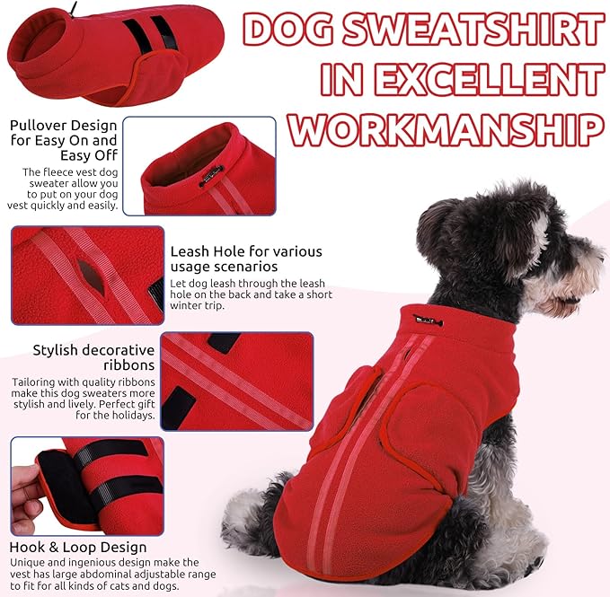 Queenmore XXS Dog Sweaters, Soft Fleece Vest Pullover Dog Jacket with Leash Hole, Warm Winter Dog Clothes Cold Weather Doggy Dachshund Sweater for Small Dogs Cats Boy or Girl (Red, XXS)