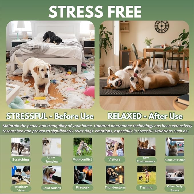 Dog Pheromone Diffuser Kit, Pet Diffuser for Stress Support, Reduces Stress and Promotes Relaxed Behavior, 2 Plug-in + 4 Packs Refill, 120 Day Supply (Non-Toxic, Safe & Inedible), Diffuser with Light
