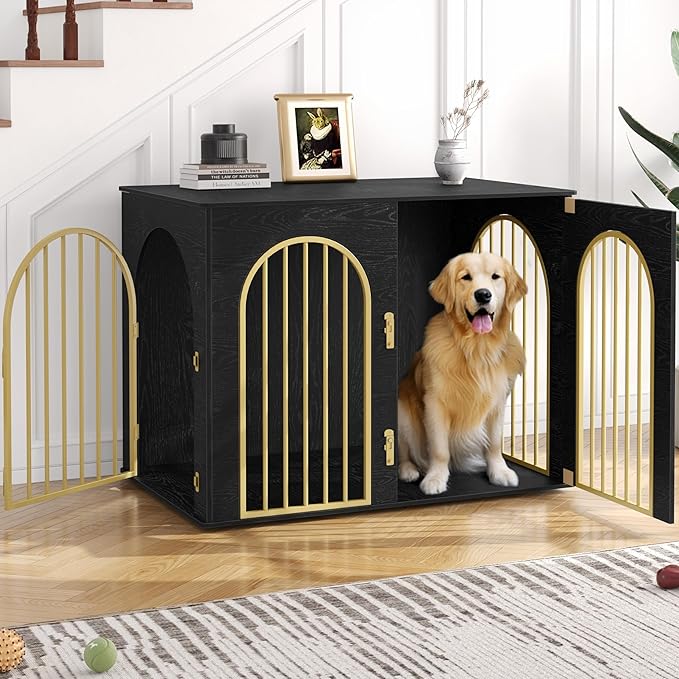 44.1" Wooden Dog Crate Furniture, Indoor Dog Kennel Dogs Cage for Small/Medium/Large Dogs, Heavy Duty Dog Crates Decorative Pet House End Side Table TV Stand, Black Gold DFC83904A