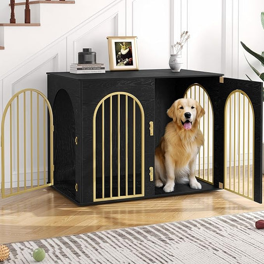 44.1" Wooden Dog Crate Furniture, Indoor Dog Kennel Dogs Cage for Small/Medium/Large Dogs, Heavy Duty Dog Crates Decorative Pet House End Side Table TV Stand, Black Gold DFC83904A