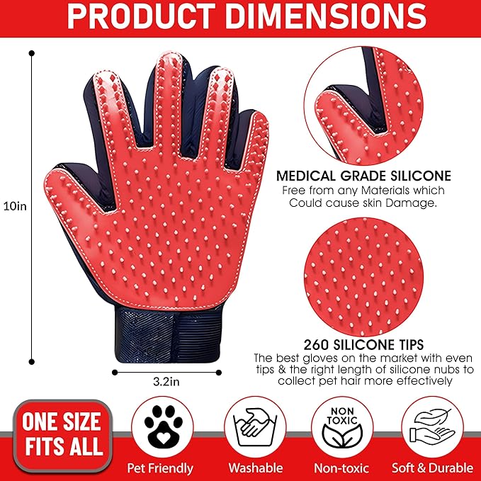 Upgrade Pet Grooming Gloves, Grooming Gloves for Dogs, Cats, Rabbits & Horses with Long and Short Hair, Efficient Pets Hair Remover Mittens - 1 Pair (Red)