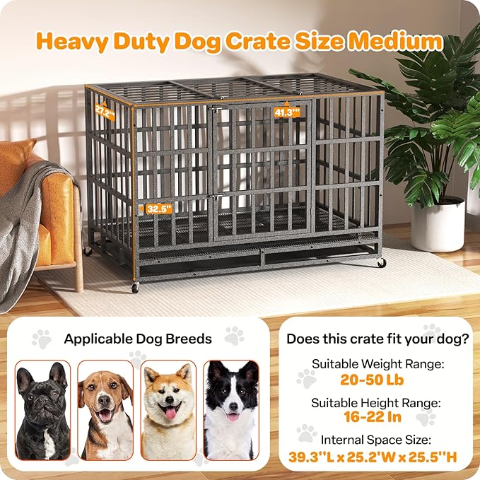 Heavy Duty Indestructible Dog Crate 42 Inch with Removable Tray, Sizes & Colors Optional, Escape Proof Double Door High Anxiety Cage Indoor, Kennel with Wheels for Large Dogs, XL XXL XXL