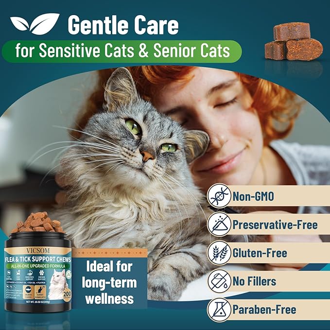Flea and Tick Prevention for Cats Chewable, 200 Treats Natural Cat Flea Treatment, Skin & Digestive Support Oral Supplement Chew Flea and Tick Treatment for Cat Kitten All Breeds & Ages, Salmon Flavor