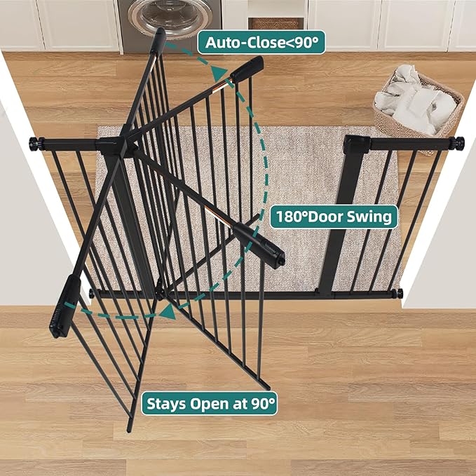 29-54" Dog Gates for Doorways No Drilling, Pet Gate Indoor, 30" Tall Metal Walk-Thru Gate, Easy One-Hand Open, Extensions & Wall Mounts Included (Black, 54" W x 30.5“H)